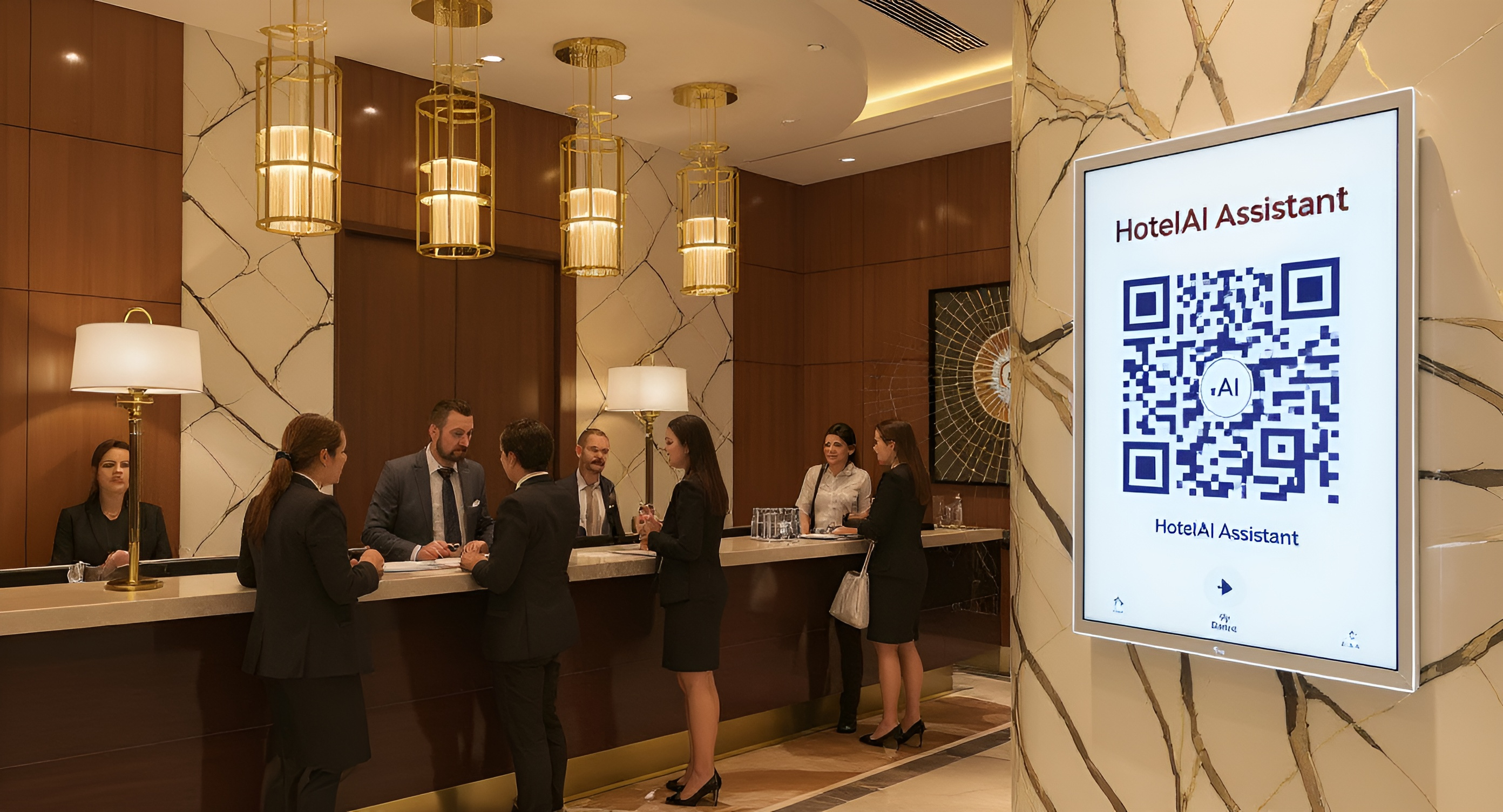 Hotel reception with AI assistant QR code display